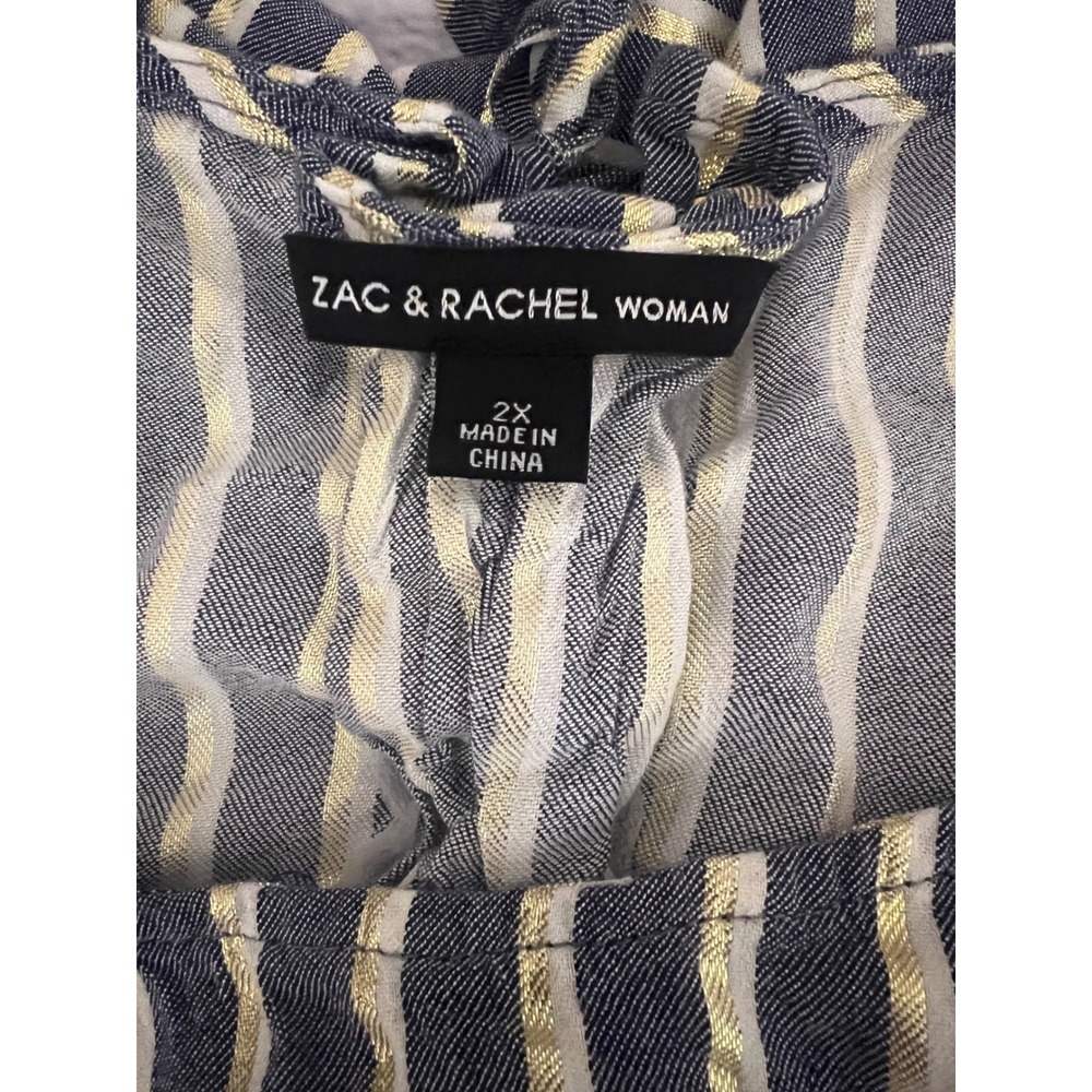 Zac & Rachel Woman Navy Gold Metallic Striped Lace Up Back Sleeveless Top 2X - Picture 12 of 13